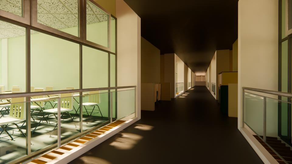 visão de um corredor com salas laterais