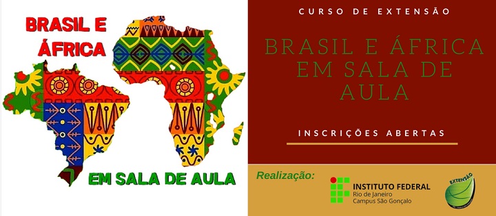 Imagem traz desenho do continente africano e do Brasil com estampa colorida como as africanas e o nome do curso