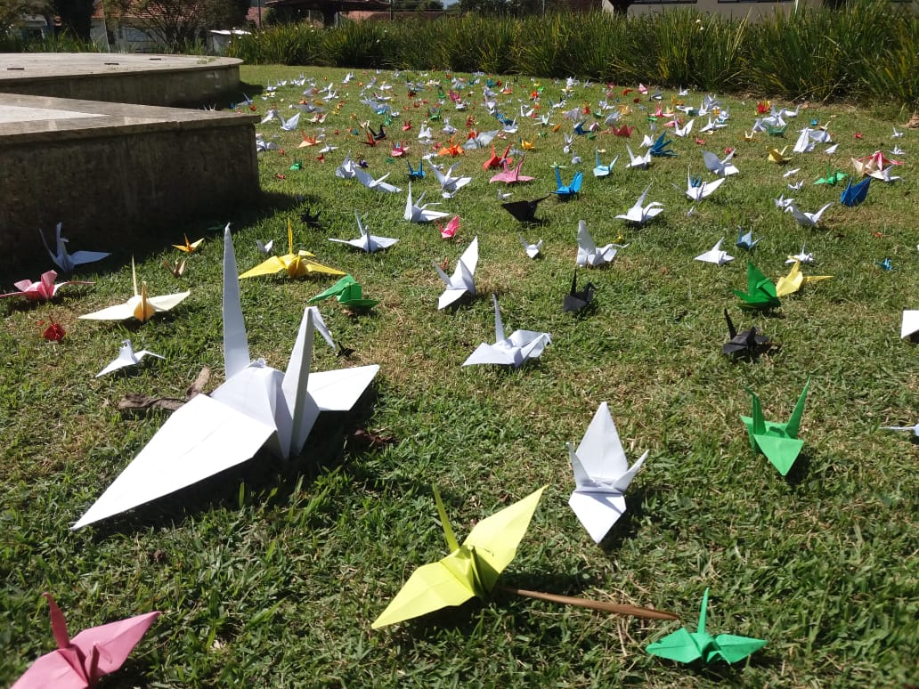 a foto mostra dezenas de origamis sobre um gramado
