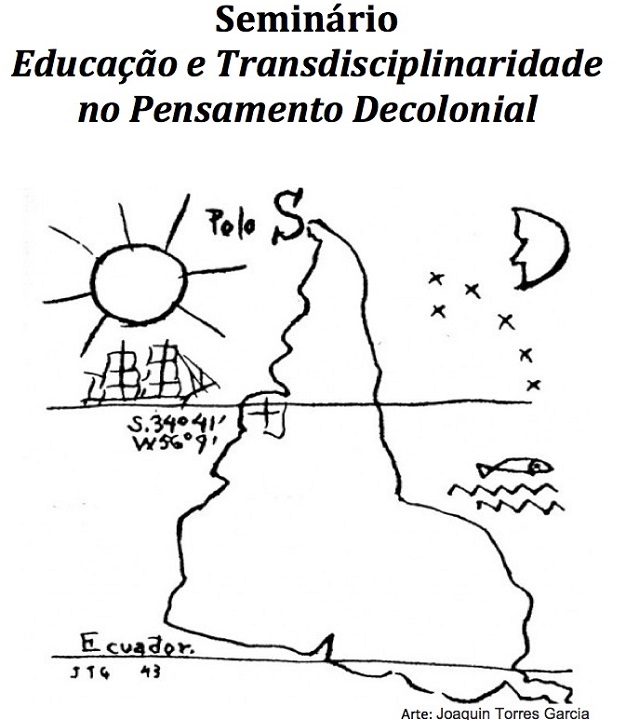 Desenho do continente sul-americano de cabeça para baixo cortado pelos paralelos e com um barco navegando em direção ao continente