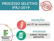 Retângulo verde com o texto Processo Seletivo IFRJ 2019 em branco. Abaixo, está escrito: Inscrições de 17/09 a 07/11